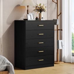 UHOMEPRO Black 5-Drawer Dresser w/ Gold Handles