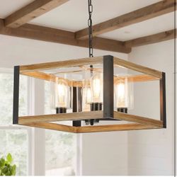 New Farmhouse Square Chandelier, 20" Rustic Wood Finish