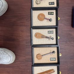 Vintage Set of 5 Chinese Miniature Instrument Shadow Boxes - Hand-Crafted Wall Art