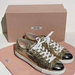 MIU MIU Gold Glitter Metal Toe Logo Sneakers Size 38 / 8 US