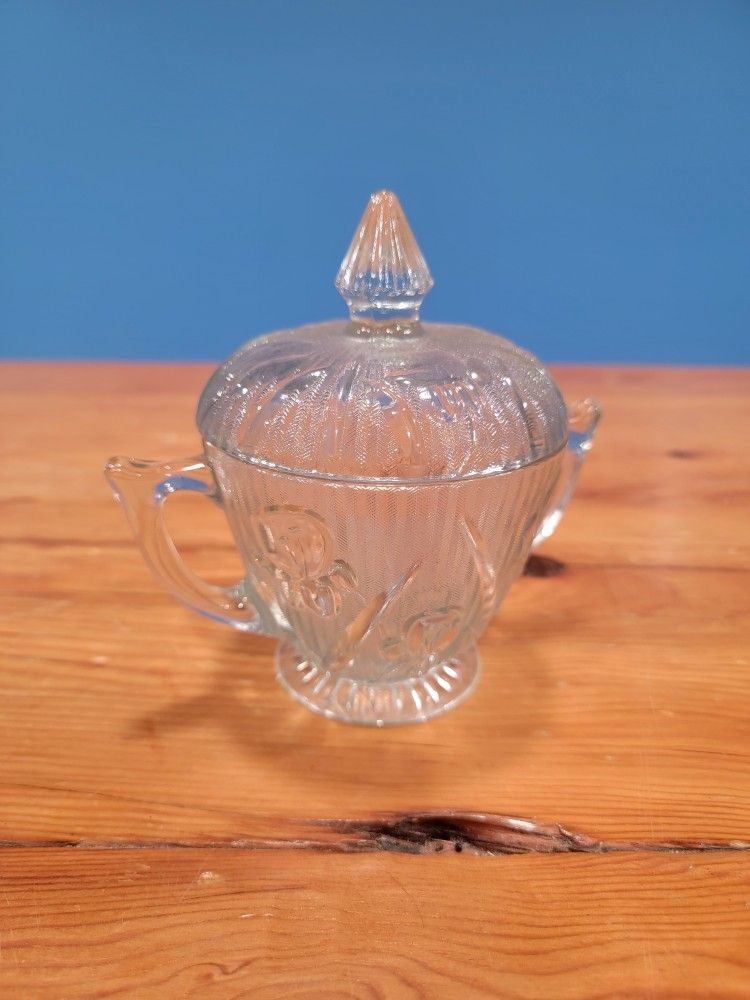 Vintage Jeanette Glass Iris Herringbone Sugar Bowl With Lid Depression