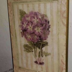 VINTAGE GOLD LEDGE PURPLE STRIPE FLORAL FLOWER LILAC LAVENDER BOUQUET PICTURE ART PLAQUE HANGING WALL DECOR