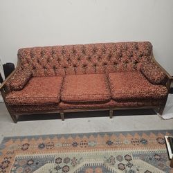 Mid-century Vintage Red Floral Fabric Sofa