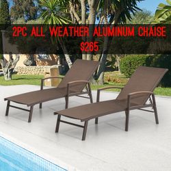 New 2pc All Weather Brown Outdoor Patio Pool Chaise Lounge Chairs With Polywood Armrest Aluminum Frame Rust Free