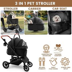 🔥 Pet Stroller with 4 Wheels, Foldable Pet Travel Carrier for Small/Medium Dogs Cats up to 50lbs, Detachble Portable Pet Bag, Storage Basket, Car Sea