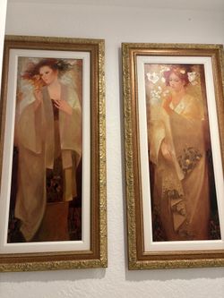 2 Hand Embellished Giclee SPRING & AUTUMN Seasons By Felix Mas. Gorgeous Gold Ornate Wood Frames.