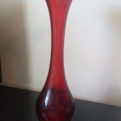 Vintage Mid-century Ruby Red Blown Glass Vase 16 1/2"