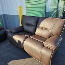 Brown Leather Electric Recliner Couch Set 