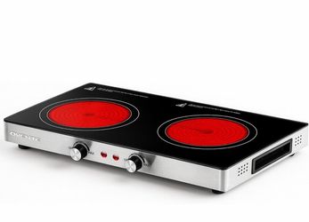 Infrared Ceramic Double Burner, 1800W Electric Countertop Hot Plate With Black Crystalline Glass, Portable Stainless Steel Cooktop For Home, Office, O
