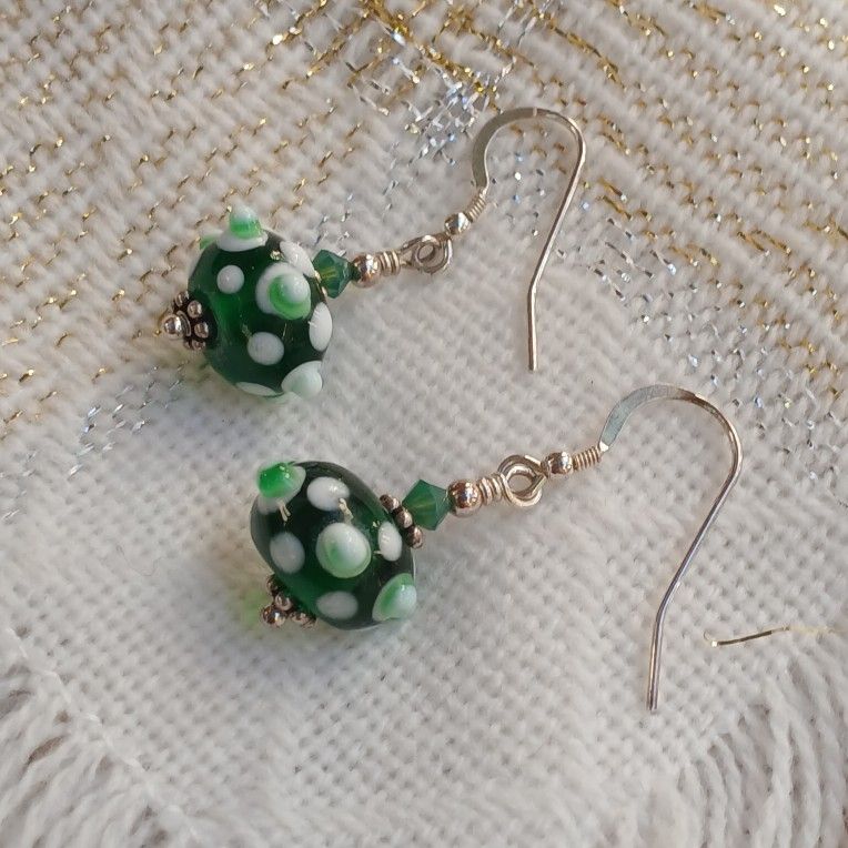 Sterling Silver Green and White Lamp Work Bumpy Glass Bead Dangle Earrings
