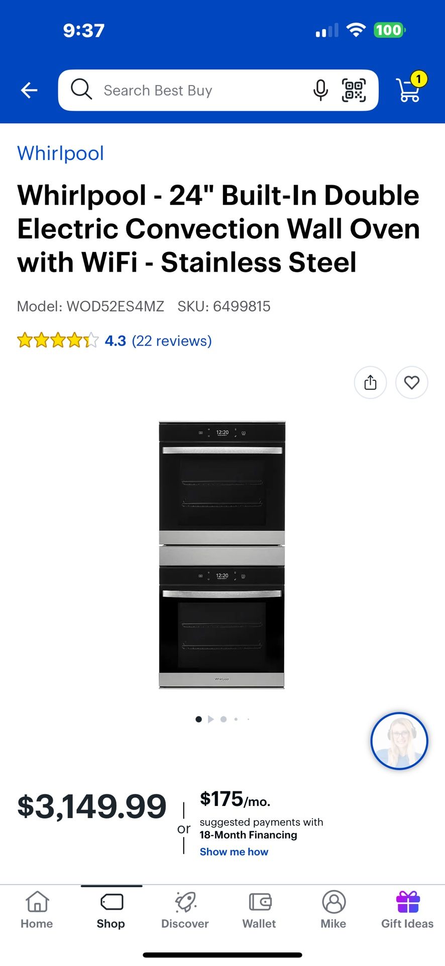NEW 24” WHIRLPOOL CONVENTION ELECTRIC DOUBLE OVEN SMART. FACTORY WARRANTY 4/27/25