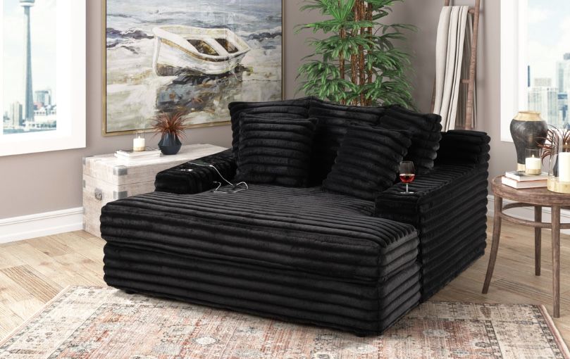 Oversized Black Velvet Chaise Lounge