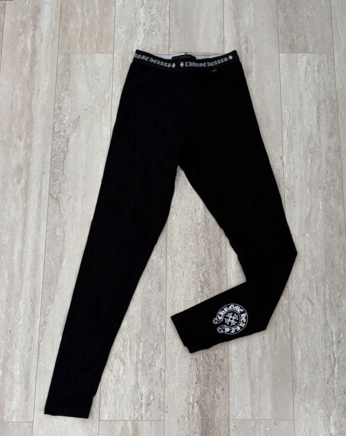 Chrome Hearts Black Women's Ankle Leggings Logo Pattern Elastic Waist Size Small