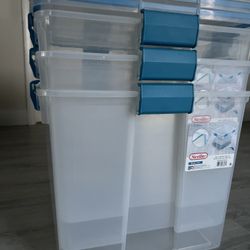 Selling 3 Sterilite 80-quart clear plastic storage bins with blue gasket-sealed lids. These are used but in good condition. All bins have lids that la