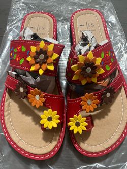 Macolocho Women’s Red Multicolor Floral Leather Slide Slip-On Sandals US 8
