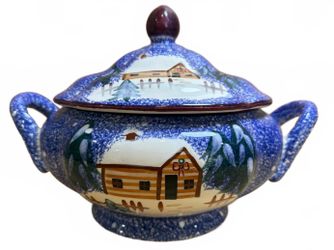Blue Speckled Ceramic Lidded Casserole Dish with Winter Cabin Scene