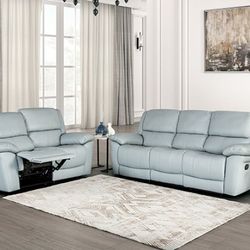 Brand New Pouder Blue Or Off White Leather 2pc Reclining Sofa & Loveseat 