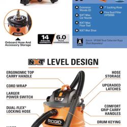14 Gallon 6.0 Peak HP NXT Shop Vacuum Wet Dry Vac with Fine Dust Filter, Locking Hose, Wands and Accessory Attachments