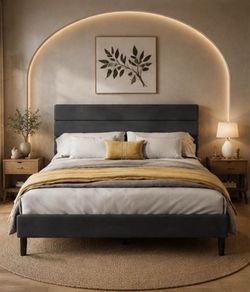 Brand New Queen Upholstered Platform Bed Frame – No Box Spring Needed – Gray