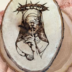 Nun Scary wood burning pyrography gift cutting cheese board coaster centerpiece wedding gift birthday basswood handcrafted wall handmade