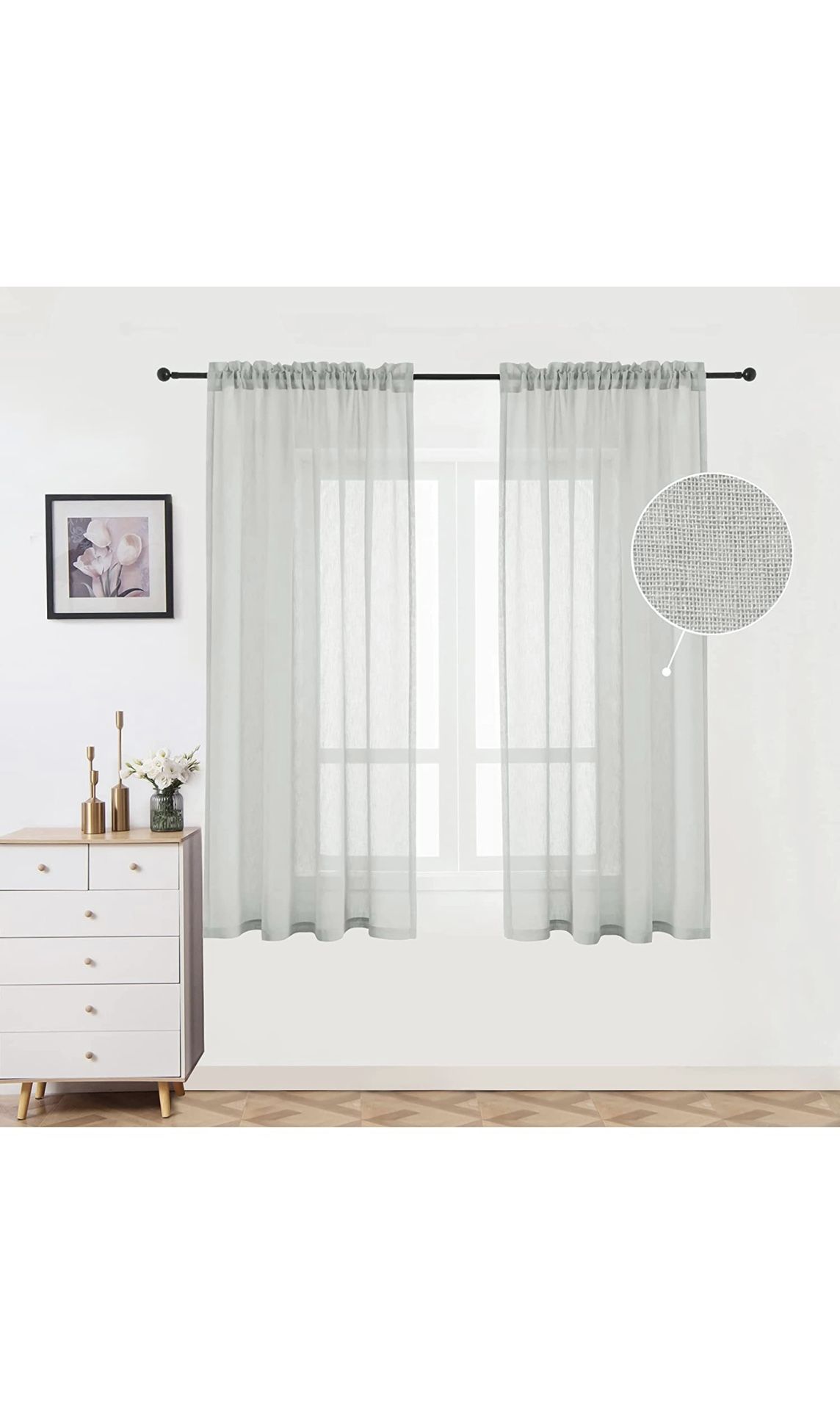 Sheer Curtains Faux Linen Rod Pocket Semi-Sheer Textured Voile Draperies Window Treatment for Bedroom Living Room Solid Color, Elegant, Light Filter,