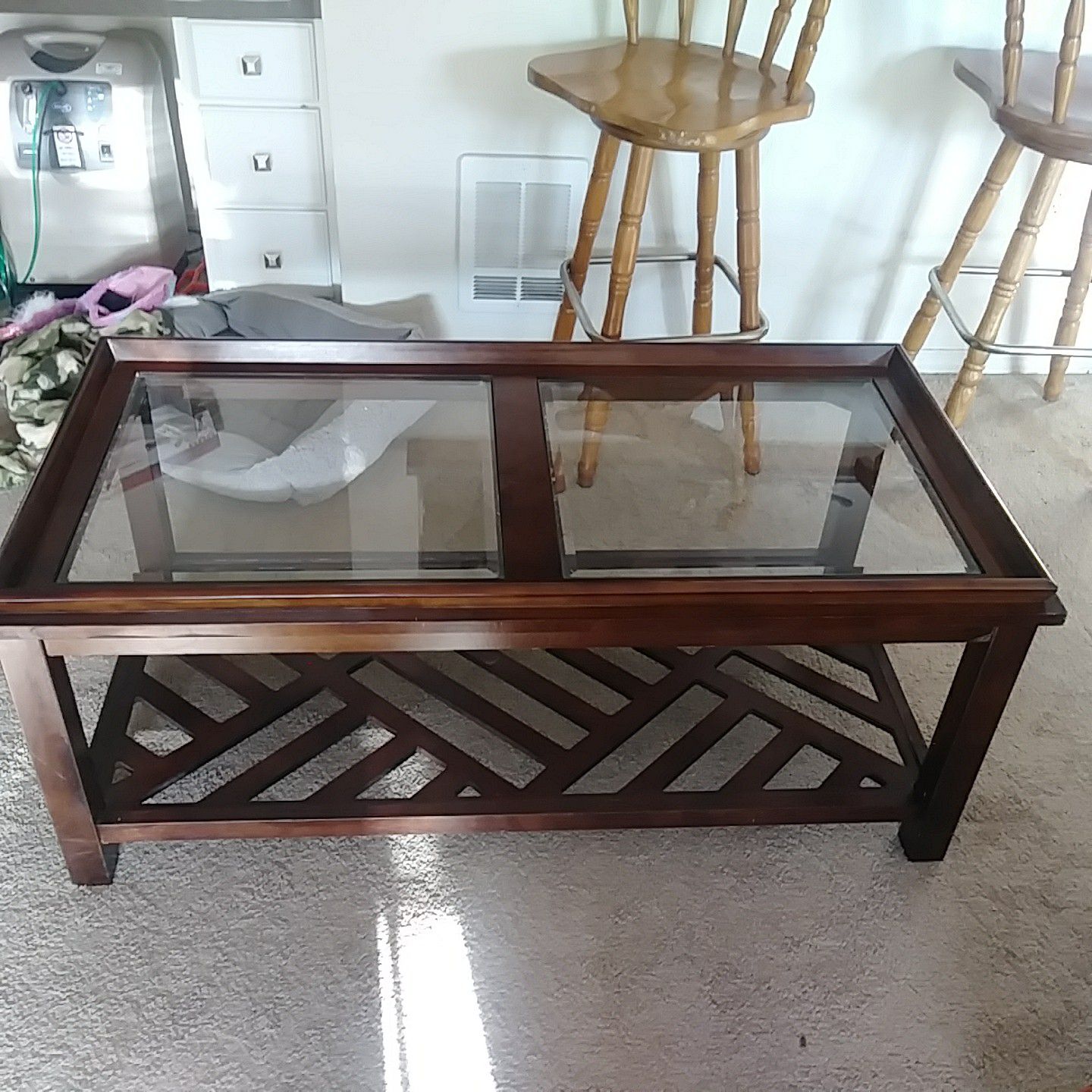 Coffee table wood with 2 glass inlays