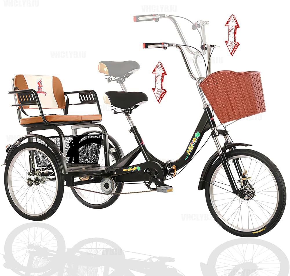 Folding Adult Tricycle with Child Seat 3 Wheel Bike for Ladies Basket Tricycle with Back Seat 20 Inch Bicycles Max Load 440LB Adult-Unisex