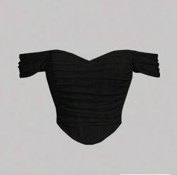 SHEIN MOD Off Shoulder Ruched Asymmetrical Hem Ruched Waist Fish Bone Decoration Black Crop Top
