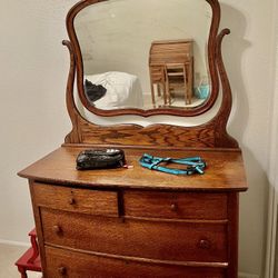 Antique Oak Dresser With Harp Style Mounted Mirror 