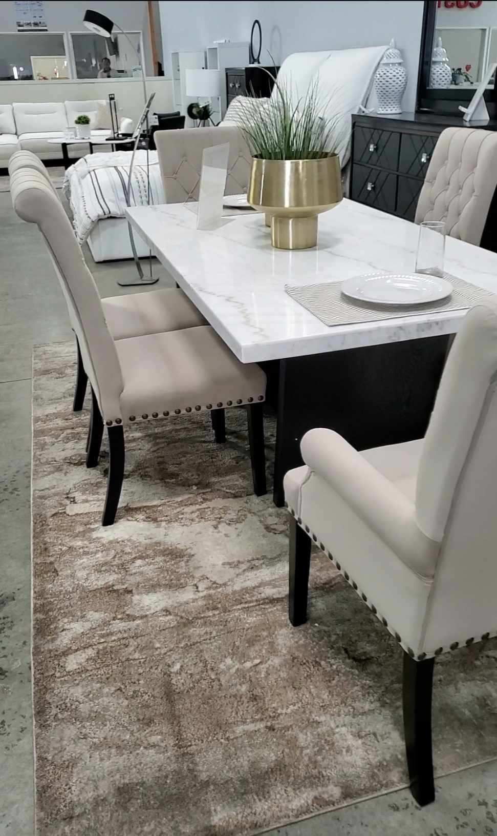 Marble Dining Table - Beige Tufted Chairs