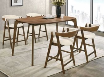 Brand New Walnut & Beige Mid-Century Modern Style 5pc Counter Height Dining Table Set