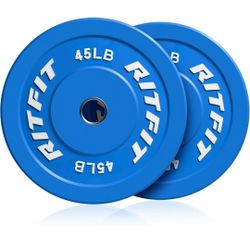 Set of 2.  45lb. RitFit Color Coded Olympic Bumper Plate for Barbell - 2-Inch Weight Plates With Steel Insert, Rubber Weights for Strength Training 