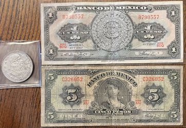 1963 Vintage Mexican Currency Lot. 1 Peso (2), 5 Pesos.  1967