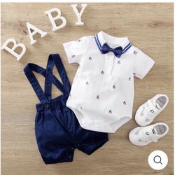 New 3 Piece Sailor Bodysuit With Detachable Bow & Shorts With Straps
