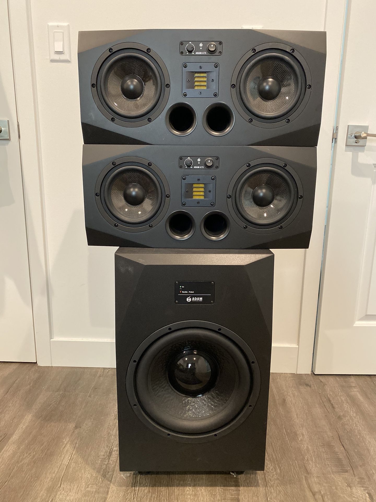 Adam A77X studio monitors with 12’ paired sub