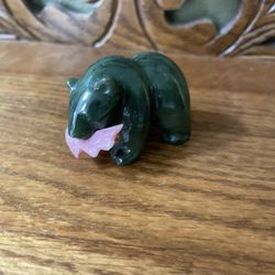 Vintage Hand Carved Canadian Jade Bear with Fish in Mouth
