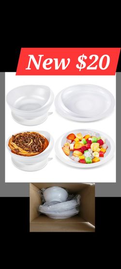 Hushee Adaptive Spill Proof Scoop Bowl and Plate Set, 2 Sets, White