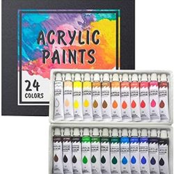 Acrylic Paint Set 24 Colors/Tubes(12ml, 0.4 oz) Non Toxic Non Fading,Rich Pigments for Painters, Adults & Kids, Ideal for Canvas Wood Clay Fabric Cera