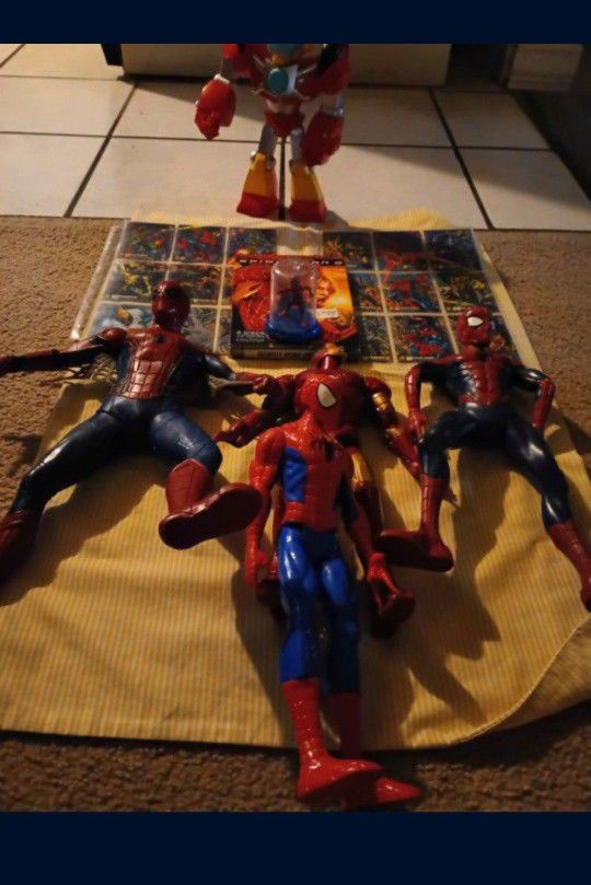 Spiderman ACTION FIGURES , IRON MAN, Transformers + Spider Man Trading Cards Marvel