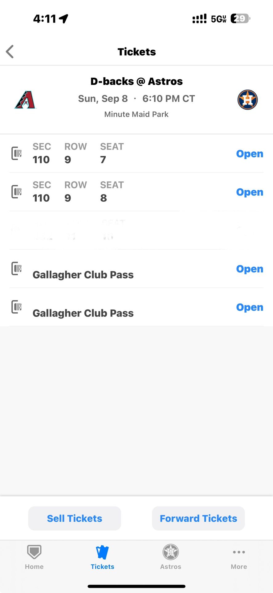 2x Astros Vs Diamondbacks Sun Sep 8W Gallagher Passes