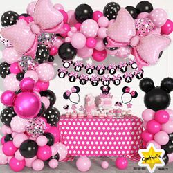 124pcs Minnie Mouse Balloon Garland Arch Kit Birthday Party Supplies, Happy Birthday Banner Pink Black Balloons Cake Toppers Headbands Foil Bows for M