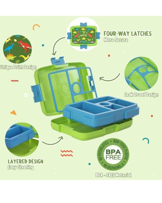 HiYZ Bento Lunch Box for Kids with 5 Compartments, Leak-proof, Ideal Portion Sizes Toddler Lunch Box for Daycare aged 3-7 years, Durable, Drop-Proof,