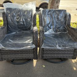 Set of 2 Outdoor Wicker Swivel Rocker Patio Chairs with Premium Fabric Cushions, Grey
