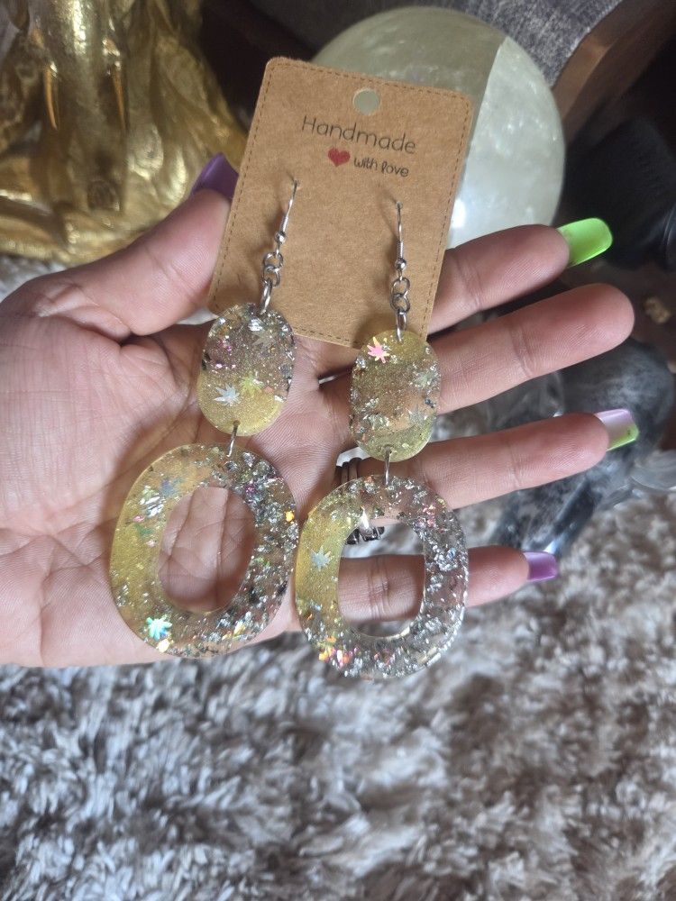 Hand Crafted Gold and Silver Dangle Resin Earrings