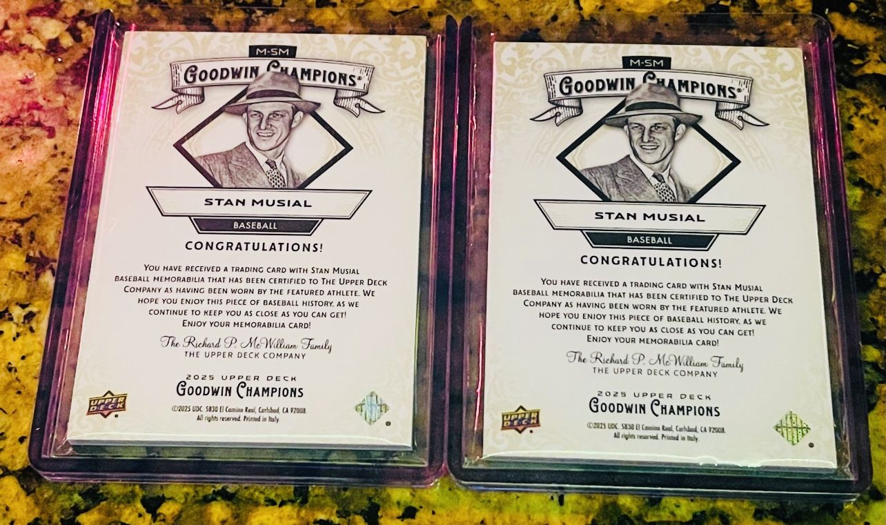 LOT- STAN MUSIAL 2003 Topps Gallery Currency REAL 1943 STEEL PENNY & ‘25 UD GOODWIN RELIC WORN BASEBALL CARDS