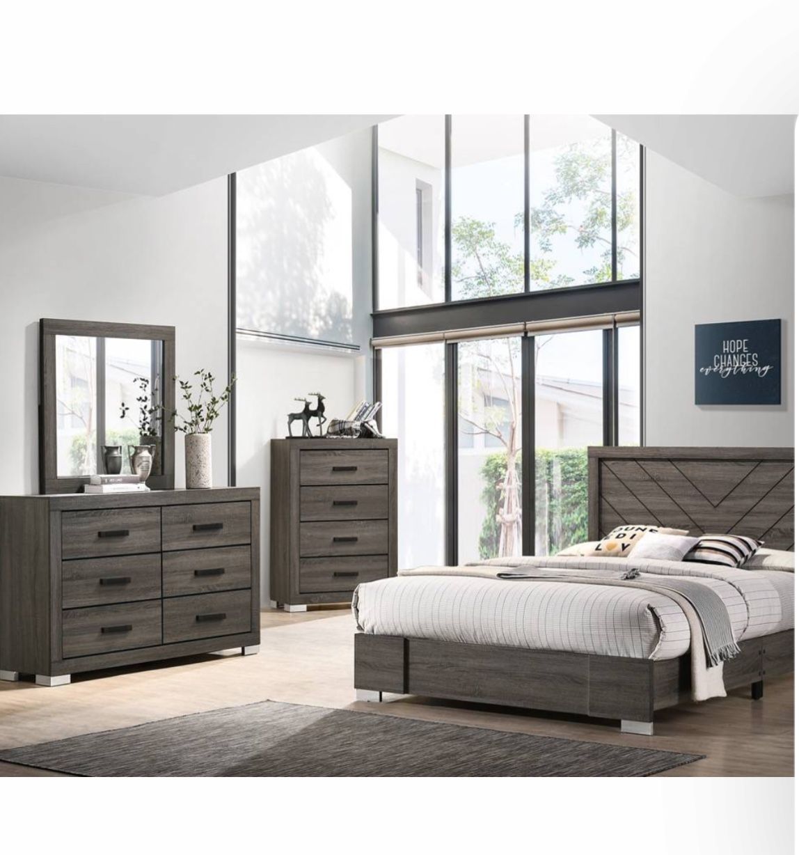 4- Pc Bedroom set Dresser,Mirror Nightstand (1) Queen size bed frame Not including Mattress and Box Sp