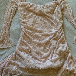 Long Sleeve Embellished Cowl Neck Mini Dress in Blush