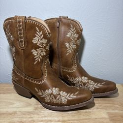 Roper Wynona Women's Floral Western Cowboy Boots Tan Snip Toe Zip Sz 6
