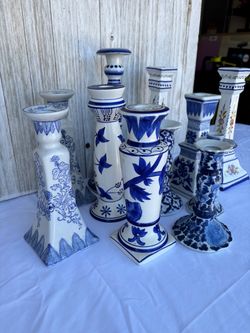 Blue and White Ceramic Candlestick Holders Set