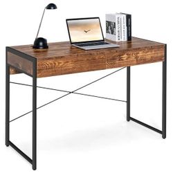 New Modern Costway 44” Computer Desk Table w/ 2 Drawers & Black Metal Frame - Rustic Brown Wood